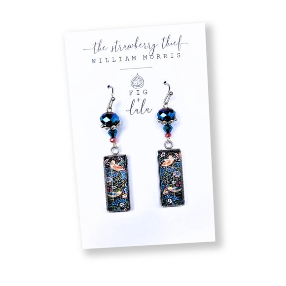 William Morris Bird Strawberry Thief Art Nouveau Blue Cabochon Handmade Earrings - Picture 7 of 8
